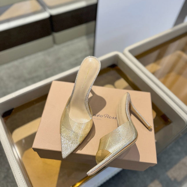 GIANVITO ROSSI 26S POINTED-TOE HIGH-HEEL SANDALS 105 MM IN CHAMPAGNE GOLD GLITTER FABRIC