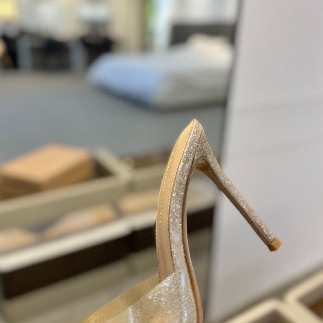 GIANVITO ROSSI 26S POINTED-TOE HIGH-HEEL SANDALS 105 MM IN CHAMPAGNE GOLD GLITTER FABRIC
