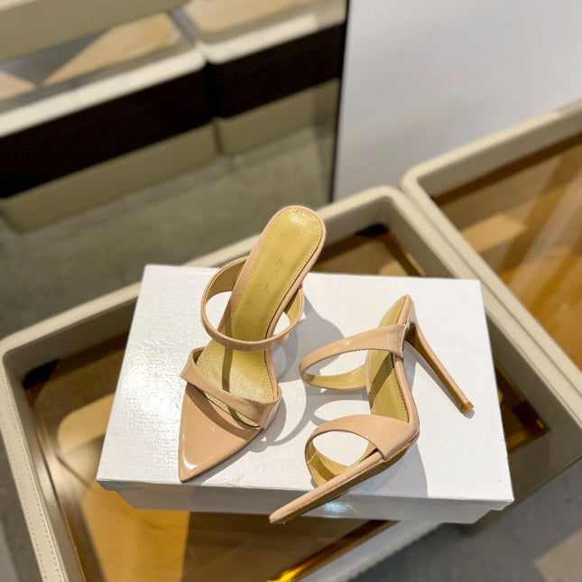 GIANVITO ROSSI 26S POINTED-TOE HEELED SANDALS 105 MM IN NUDE PATENT CALFSKIN