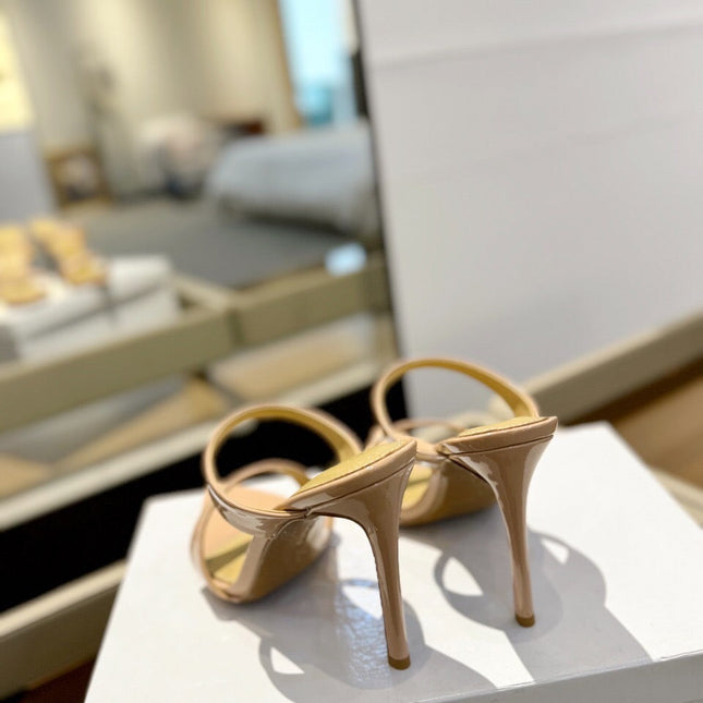 GIANVITO ROSSI 26S POINTED-TOE HEELED SANDALS 105 MM IN NUDE PATENT CALFSKIN