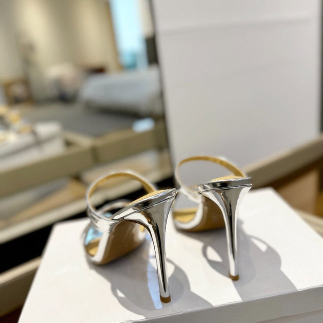 GIANVITO ROSSI 26S POINTED-TOE HEELED SANDALS 105 MM IN SILVER PATENT CALFSKIN