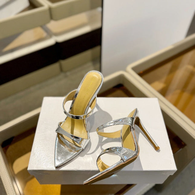 GIANVITO ROSSI 26S POINTED-TOE HEELED SANDALS 105 MM IN SILVER PATENT CALFSKIN