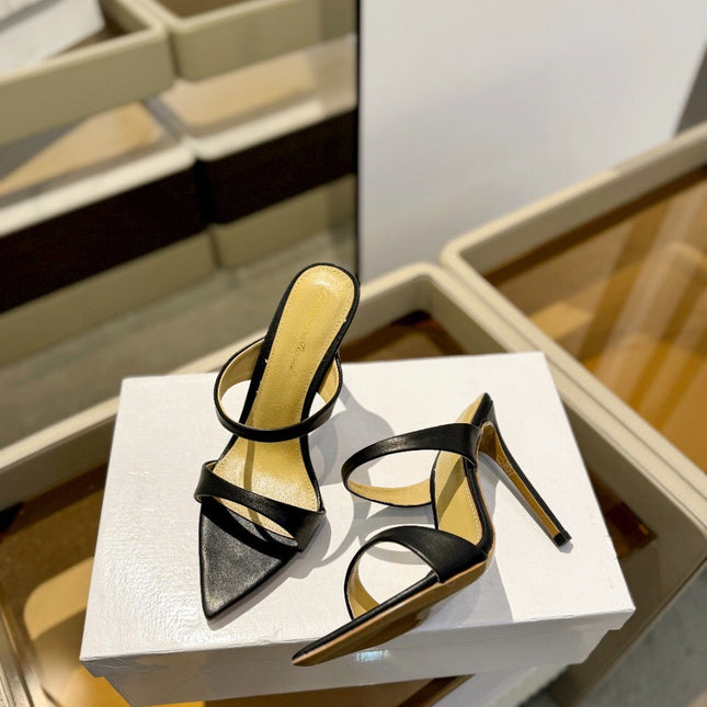 GIANVITO ROSSI 26S POINTED-TOE HEELED SANDALS 105 MM IN BLACK CALFSKIN