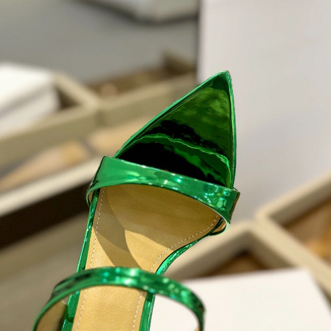 GIANVITO ROSSI 26S POINTED-TOE HEELED SANDALS 105 MM IN GREEN PATENT CALFSKIN