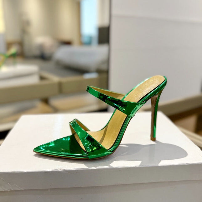 GIANVITO ROSSI 26S POINTED-TOE HEELED SANDALS 105 MM IN GREEN PATENT CALFSKIN