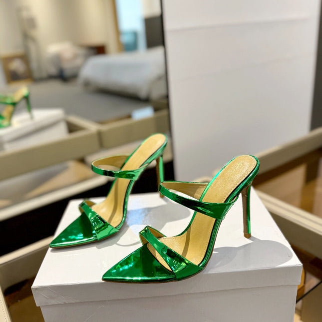 GIANVITO ROSSI 26S POINTED-TOE HEELED SANDALS 105 MM IN GREEN PATENT CALFSKIN