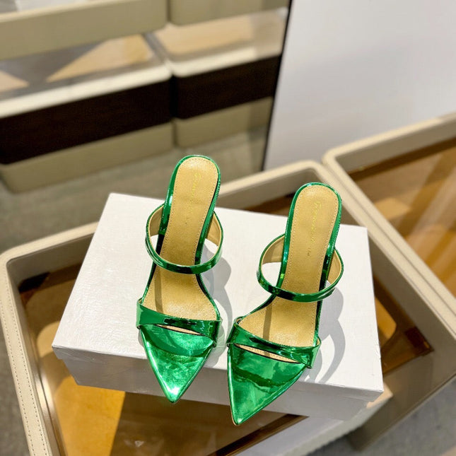 GIANVITO ROSSI 26S POINTED-TOE HEELED SANDALS 105 MM IN GREEN PATENT CALFSKIN