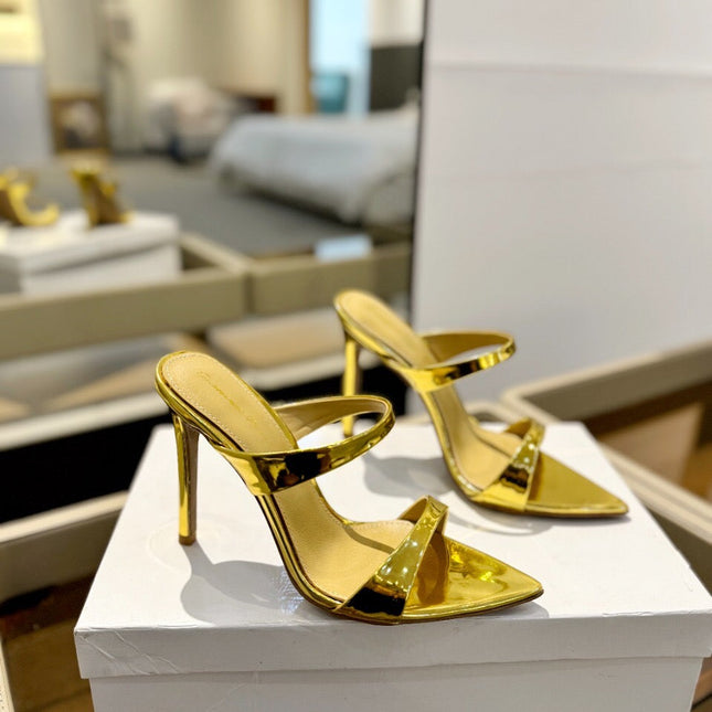 GIANVITO ROSSI 26S POINTED-TOE HEELED SANDALS 105 MM IN GOLD PATENT CALFSKIN