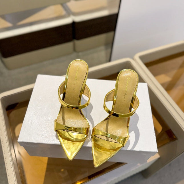 GIANVITO ROSSI 26S POINTED-TOE HEELED SANDALS 105 MM IN GOLD PATENT CALFSKIN