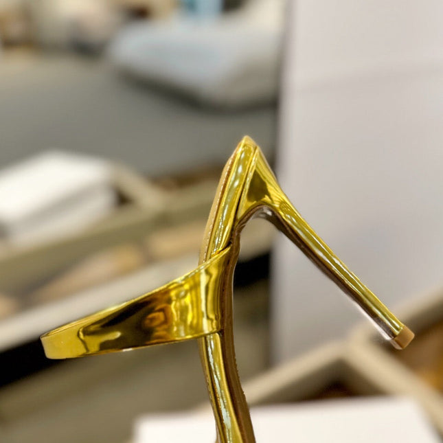 GIANVITO ROSSI 26S POINTED-TOE HEELED SANDALS 105 MM IN GOLD PATENT CALFSKIN