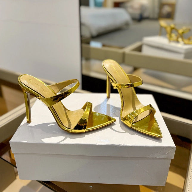 GIANVITO ROSSI 26S POINTED-TOE HEELED SANDALS 105 MM IN GOLD PATENT CALFSKIN