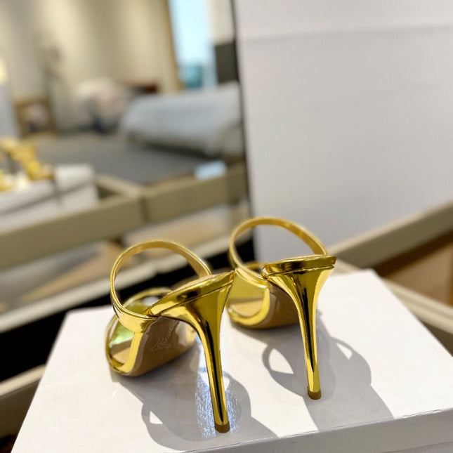 GIANVITO ROSSI 26S POINTED-TOE HEELED SANDALS 105 MM IN GOLD PATENT CALFSKIN