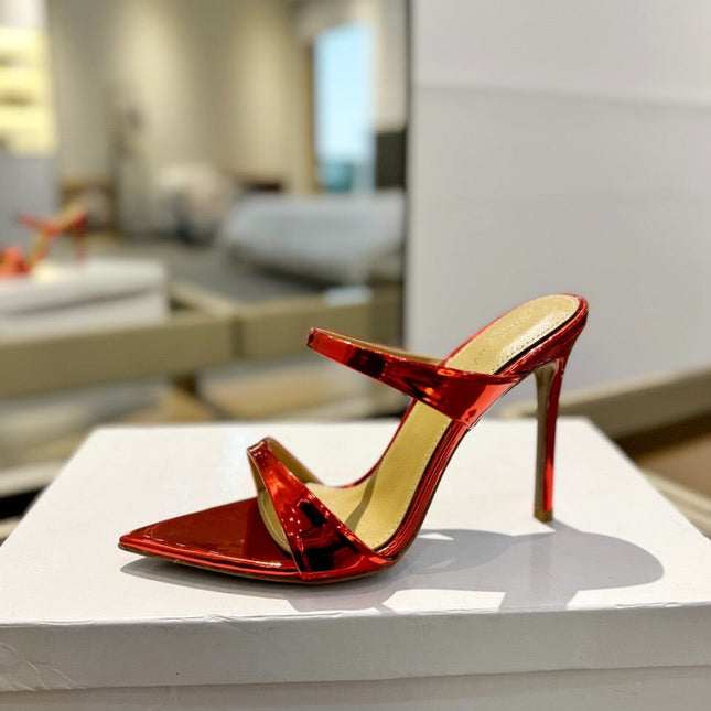 GIANVITO ROSSI 26S POINTED-TOE HEELED SANDALS 105 MM IN DARK RED PATENT CALFSKIN