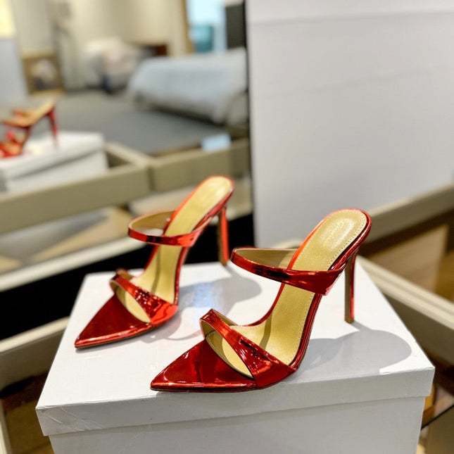 GIANVITO ROSSI 26S POINTED-TOE HEELED SANDALS 105 MM IN DARK RED PATENT CALFSKIN