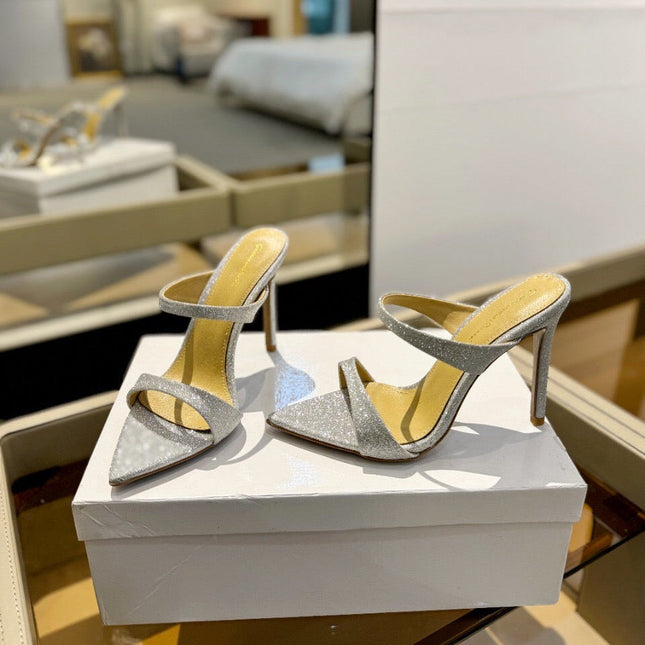 GIANVITO ROSSI 26S HEELED SANDALS 105 MM IN SILVER GLITTER