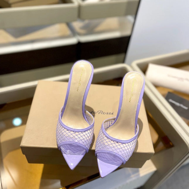GIANVITO ROSSI 26S HEELED SANDALS 105 MM IN LIGHT PURPLE MESH FABRIC AND CALFSKIN