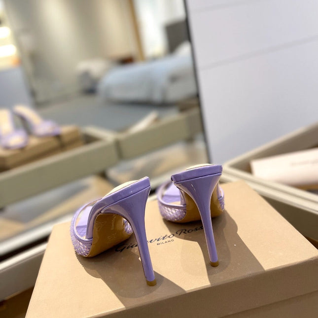 GIANVITO ROSSI 26S HEELED SANDALS 105 MM IN LIGHT PURPLE MESH FABRIC AND CALFSKIN