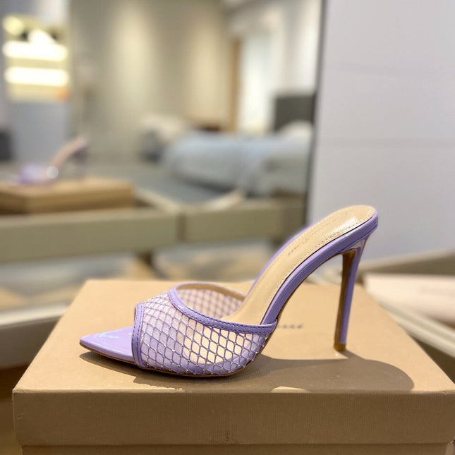 GIANVITO ROSSI 26S HEELED SANDALS 105 MM IN LIGHT PURPLE MESH FABRIC AND CALFSKIN