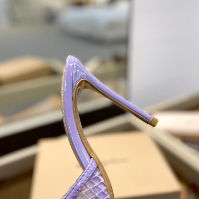 GIANVITO ROSSI 26S HEELED SANDALS 105 MM IN LIGHT PURPLE MESH FABRIC AND CALFSKIN