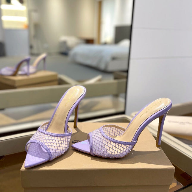 GIANVITO ROSSI 26S HEELED SANDALS 105 MM IN LIGHT PURPLE MESH FABRIC AND CALFSKIN