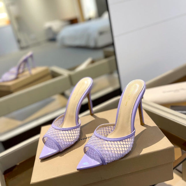 GIANVITO ROSSI 26S HEELED SANDALS 105 MM IN LIGHT PURPLE MESH FABRIC AND CALFSKIN