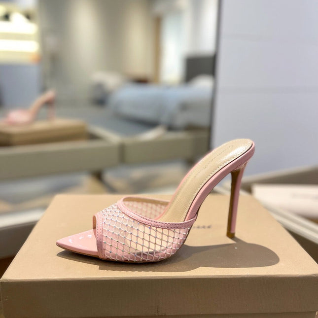 GIANVITO ROSSI 26S HEELED SANDALS 105 MM IN LIGHT PINK MESH FABRIC AND CALFSKIN
