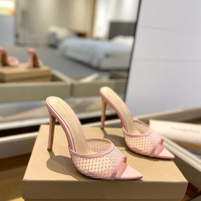 GIANVITO ROSSI 26S HEELED SANDALS 105 MM IN LIGHT PINK MESH FABRIC AND CALFSKIN