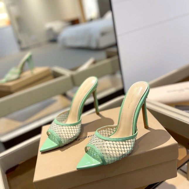GIANVITO ROSSI 26S HEELED SANDALS 105 MM IN MINT GREEN MESH FABRIC AND CALFSKIN