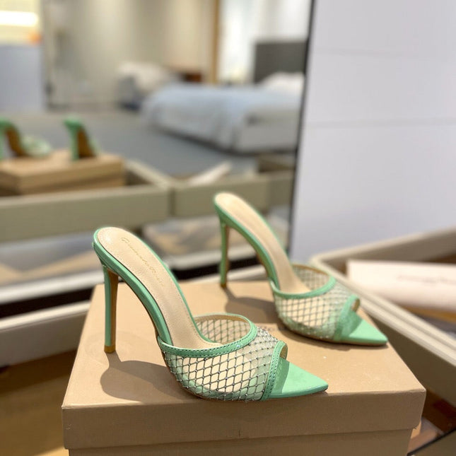 GIANVITO ROSSI 26S HEELED SANDALS 105 MM IN MINT GREEN MESH FABRIC AND CALFSKIN