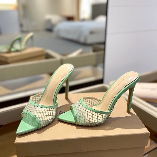 GIANVITO ROSSI 26S HEELED SANDALS 105 MM IN MINT GREEN MESH FABRIC AND CALFSKIN