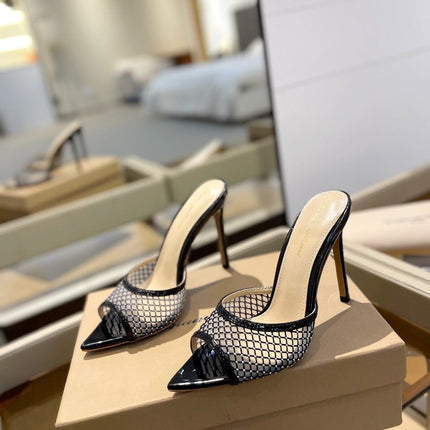 GIANVITO ROSSI 26S HEELED SANDALS 105 MM IN BLACK MESH FABRIC AND CALFSKIN