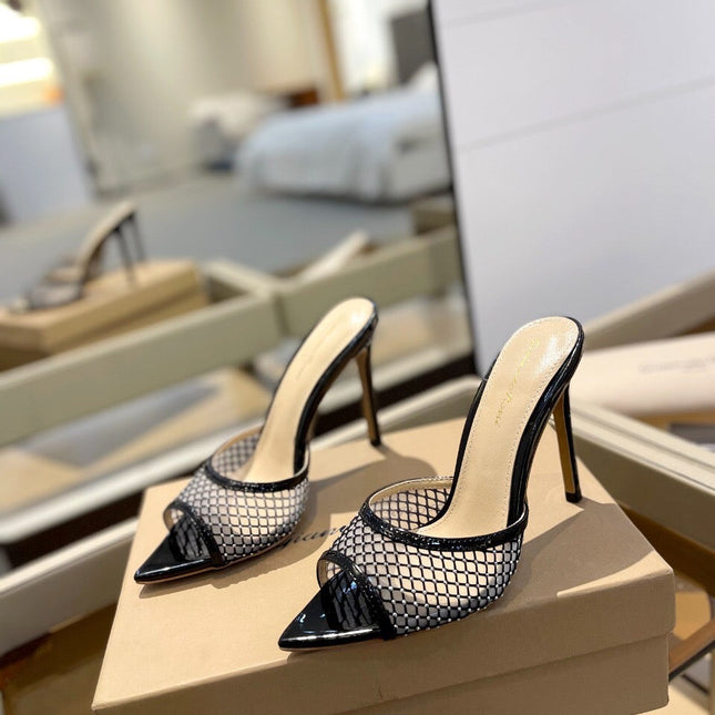 GIANVITO ROSSI 26S HEELED SANDALS 105 MM IN BLACK MESH FABRIC AND CALFSKIN