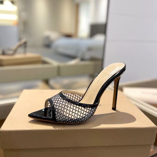 GIANVITO ROSSI 26S HEELED SANDALS 105 MM IN BLACK MESH FABRIC AND CALFSKIN