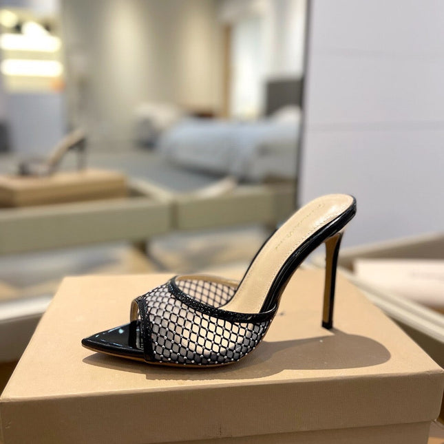 GIANVITO ROSSI 26S HEELED SANDALS 105 MM IN BLACK MESH FABRIC AND CALFSKIN
