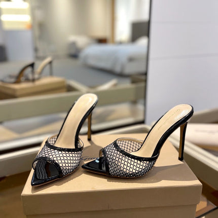 GIANVITO ROSSI 26S HEELED SANDALS 105 MM IN BLACK MESH FABRIC AND CALFSKIN