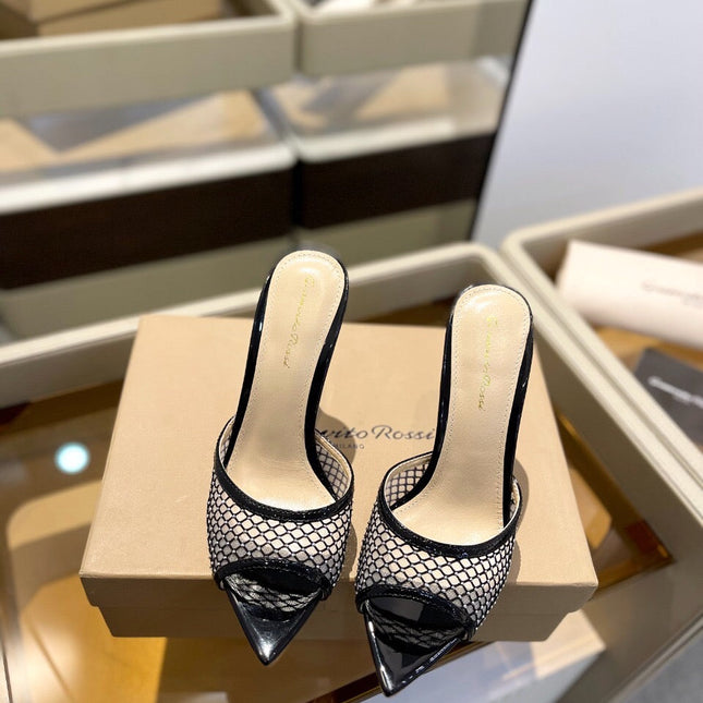 GIANVITO ROSSI 26S HEELED SANDALS 105 MM IN BLACK MESH FABRIC AND CALFSKIN