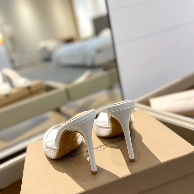 GIANVITO ROSSI 26S HEELED SANDALS 105 MM IN WHITE MESH FABRIC AND CALFSKIN