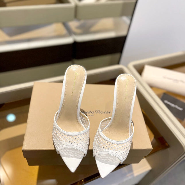 GIANVITO ROSSI 26S HEELED SANDALS 105 MM IN WHITE MESH FABRIC AND CALFSKIN
