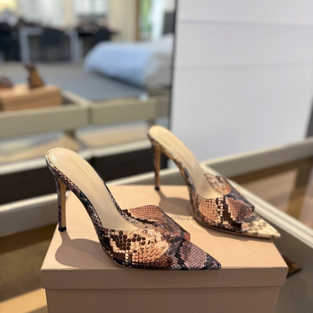GIANVITO ROSSI 26S HEELED SANDALS 105 MM IN PINKISH BROWN SNAKESKIN