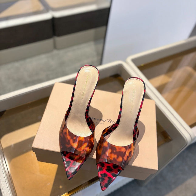 GIANVITO ROSSI 26S HEELED SANDALS 105 MM IN RED AND BLACK LEOPARD PRINT CALFSKIN