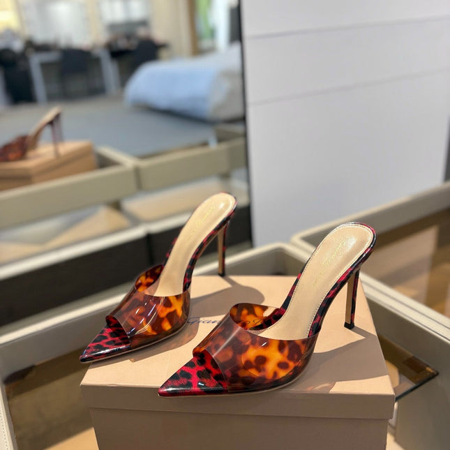 GIANVITO ROSSI 26S HEELED SANDALS 105 MM IN RED AND BLACK LEOPARD PRINT CALFSKIN