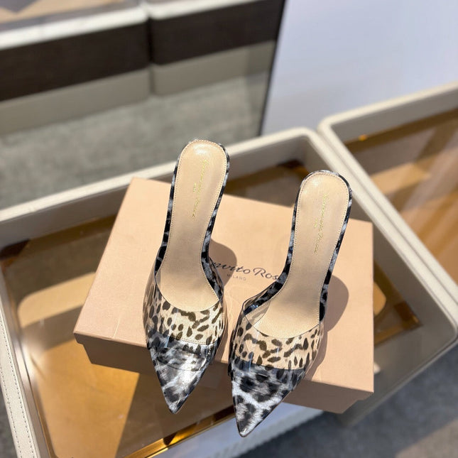 GIANVITO ROSSI 26S HEELED SANDALS 105 MM IN GREY AND BLACK LEOPARD PRINT CALFSKIN
