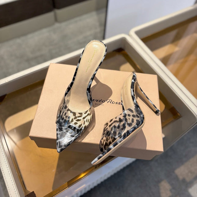 GIANVITO ROSSI 26S HEELED SANDALS 105 MM IN GREY AND BLACK LEOPARD PRINT CALFSKIN