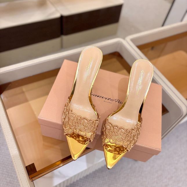 GIANVITO ROSSI 26S HEELED SANDALS 105 MM IN GOLD LACE AND LAMBSKIN