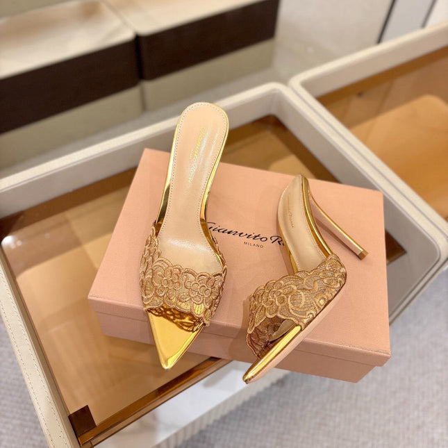 GIANVITO ROSSI 26S HEELED SANDALS 105 MM IN GOLD LACE AND LAMBSKIN