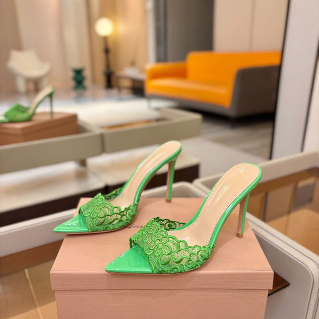GIANVITO ROSSI 26S HEELED SANDALS 105 MM IN GREEN LACE AND LAMBSKIN