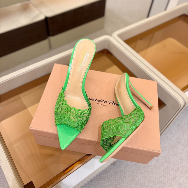 GIANVITO ROSSI 26S HEELED SANDALS 105 MM IN GREEN LACE AND LAMBSKIN