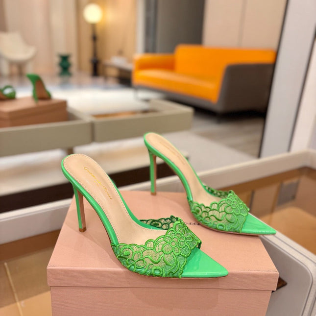 GIANVITO ROSSI 26S HEELED SANDALS 105 MM IN GREEN LACE AND LAMBSKIN