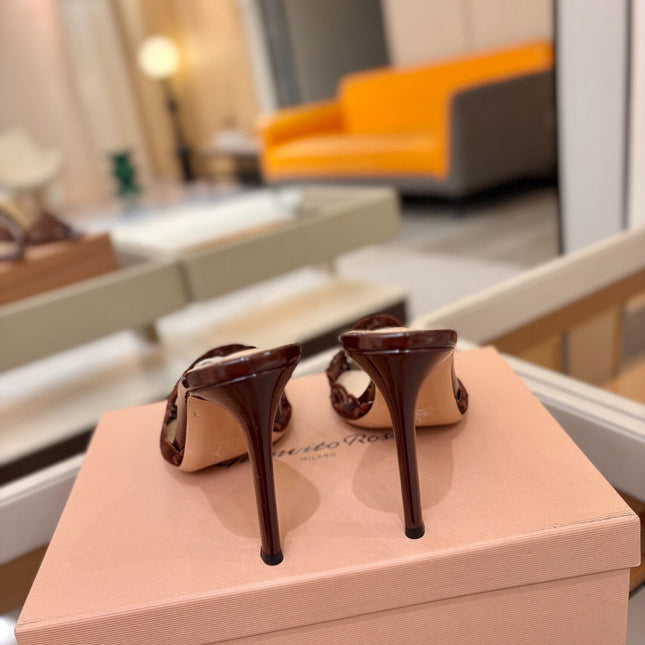 GIANVITO ROSSI 26S HEELED SANDALS 105 MM IN DARK BROWN LACE AND LAMBSKIN
