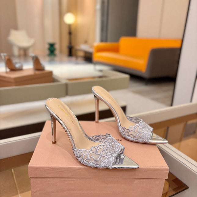 GIANVITO ROSSI 26S HEELED SANDALS 105 MM IN SILVER LACE AND LAMBSKIN